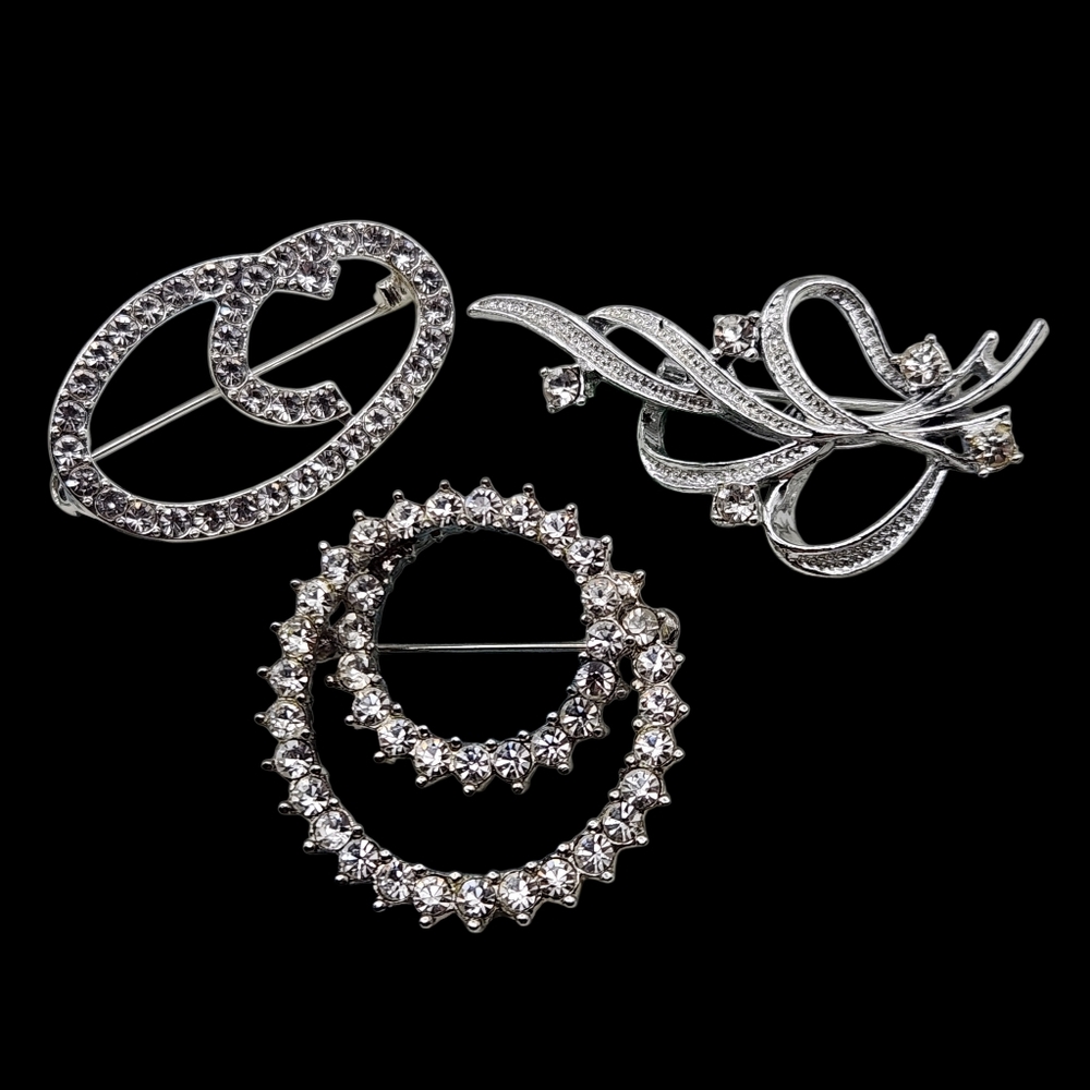 Trio Of Silver-tone Rhinestone Brooches